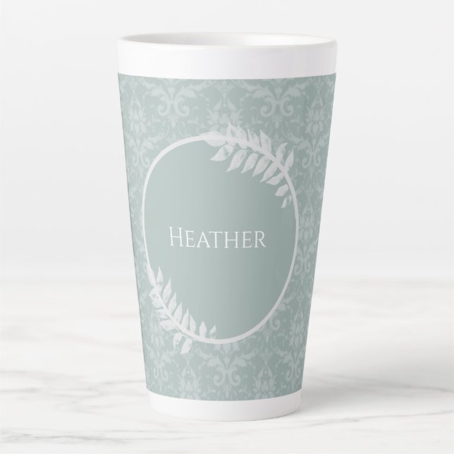 Sage Green Elegant Damask Personalised Latte Mug (Front)
