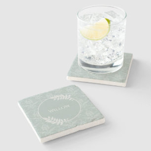 Sage Green Elegant Damask Personalised Stone Coaster