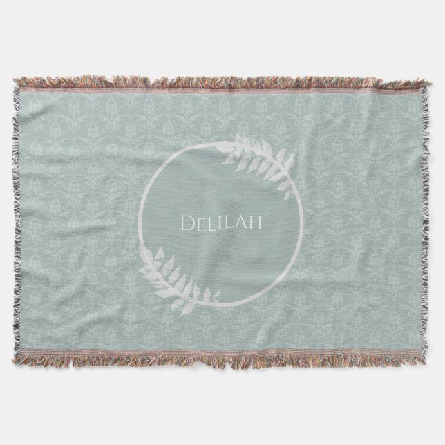 Sage Green Elegant Damask Personalised Throw Blanket (Front)