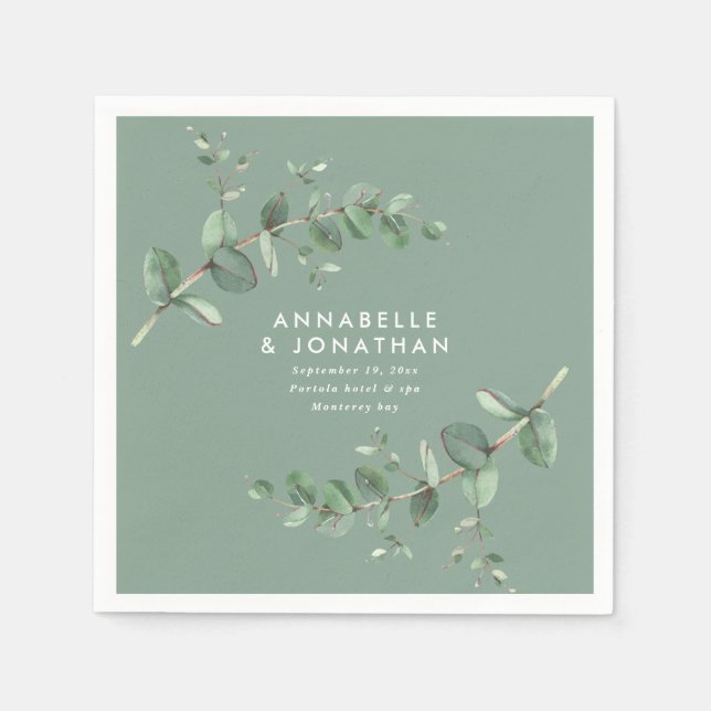 Sage green elegant eucalyptus foliage wedding napkin (Front)