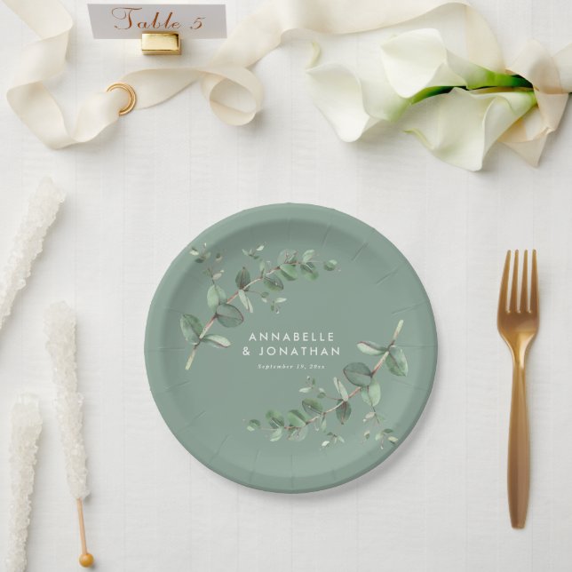Sage green elegant eucalyptus foliage wedding paper plate (Wedding)