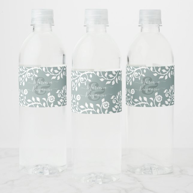 Sage Green Elegant Floral Art Personalised Wedding Water Bottle Label (Bottles)