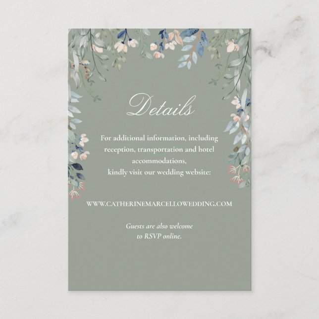 Sage Green Elegant Floral Cascade Wedding Details Enclosure Card (Front)