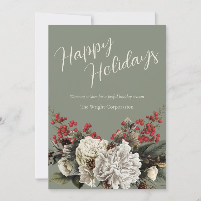 Sage Green Elegant Floral Company Name Happy Holiday Card (Front)