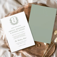 Sage Green Elegant Floral Crest Monogram Wedding 