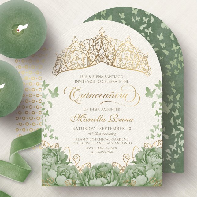 Sage Green Elegant Floral Crown Quinceanera Invitation (Creator Uploaded)