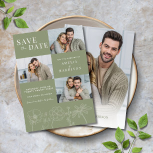 Sage Green Elegant Floral Four Photo Wedding Save The Date