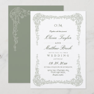 Sage Green Elegant Floral Frame Wedding Invitation