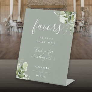 Sage Green Elegant Floral Greenery Favours Pedestal Sign