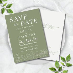 Sage Green Elegant Floral Line Art Wedding Save The Date