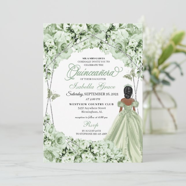 Sage Green Elegant Floral Quinceanera Invitation (Standing Front)
