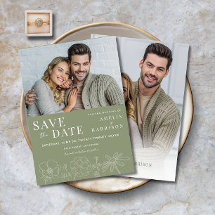 Sage Green Elegant Floral Two Photo Wedding Save The Date