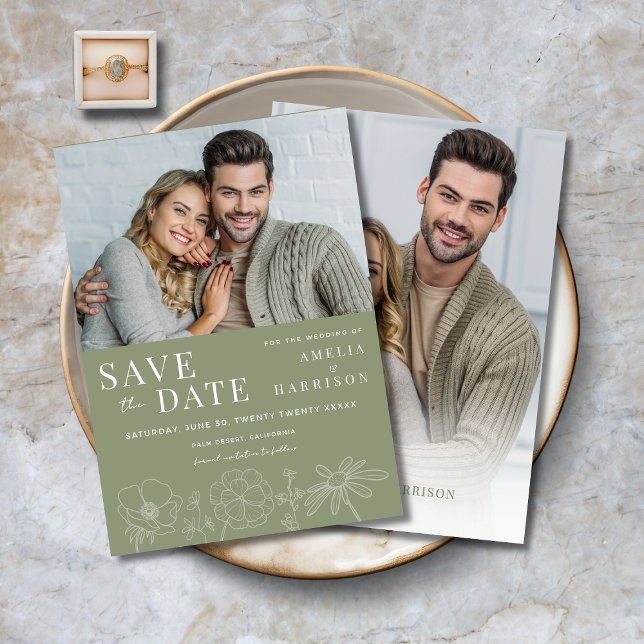 Sage Green Elegant Floral Two Photo Wedding Save The Date (Sage Green Elegant Floral Two Photo Wedding Save the Date with Line Art Flowers.)