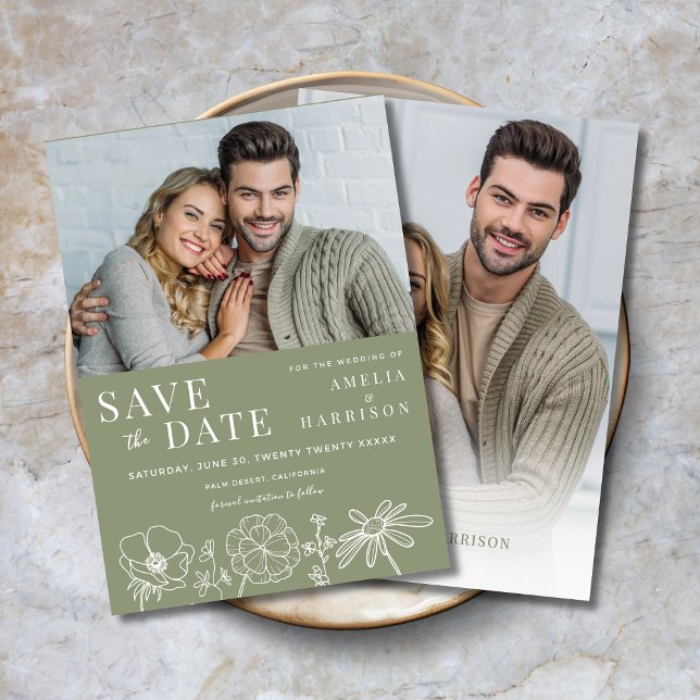 Sage Green Elegant Floral Two Photo Wedding Save The Date (Sage Green Floral Two Photo Wedding Save the Date with Line Art Flowers.)