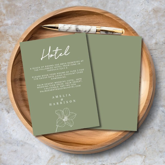 Sage Green Elegant Floral Wedding Hotel Enclosure Card (Sage Green Elegant Floral Wedding Hotel Enclosure Card with Line Art Flower, Script Calligraphy.)