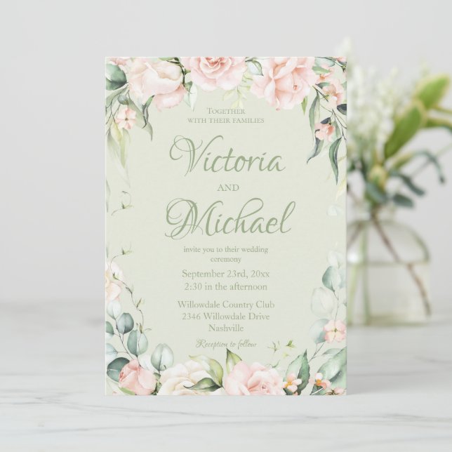 Sage Green Elegant Floral Wedding Invitation (Standing Front)