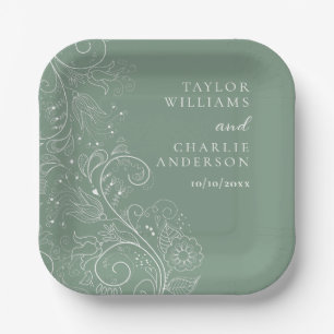 Sage Green Elegant Floral Wedding Paper Plate