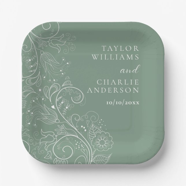 Sage Green Elegant Floral Wedding Paper Plate (Front)