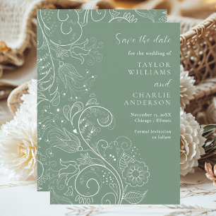 Sage Green Elegant Floral Wedding Save The Date