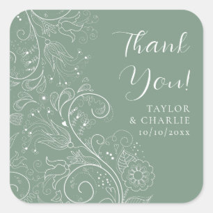 Sage Green Elegant Floral Wedding Thank You Square Sticker