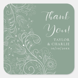 Sage Green Elegant Floral Wedding Thank You Square Sticker
