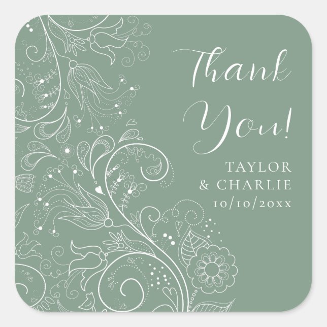Sage Green Elegant Floral Wedding Thank You Square Sticker (Front)