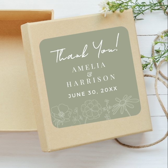 Sage Green Elegant Floral Wedding Thank You Square Sticker (Sage Green Elegant Floral Wedding Thank You Square Favor Sticker with Couple Names, Wedding Date.)