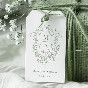 Sage Green Elegant French Floral Crest Wedding Gift Tags