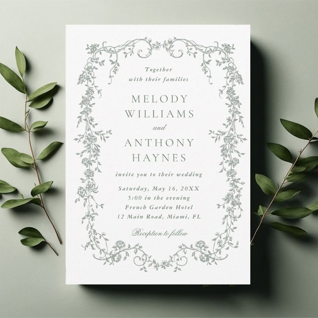 Sage Green Elegant French Floral Wedding  Invitation (Creator Uploaded)