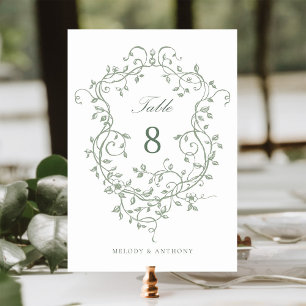 Sage Green Elegant French Victorian Floral Crest  Table Number