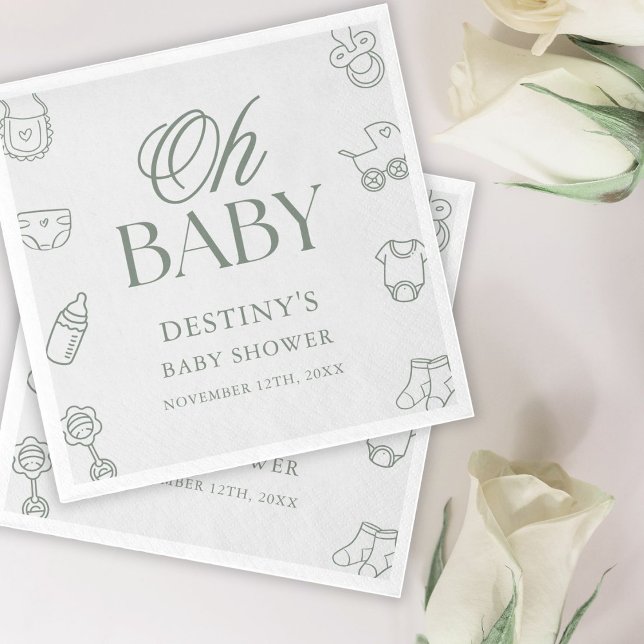 Sage Green Elegant Hand Drawn Baby Shower Napkin (Creator Uploaded)