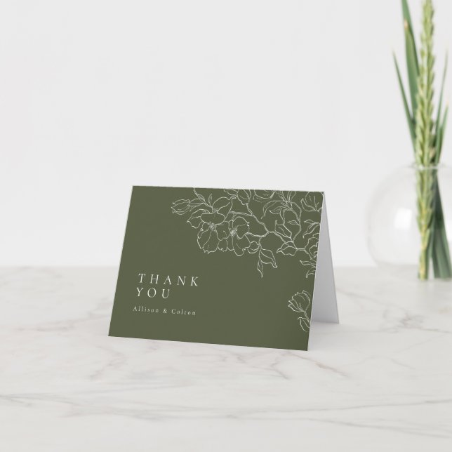 Sage Green Elegant hand drawn floral wedding Thank You Card (Front)