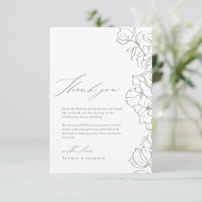 Sage Green Elegant hand drawn floral wedding Thank You Card (Standing Front)