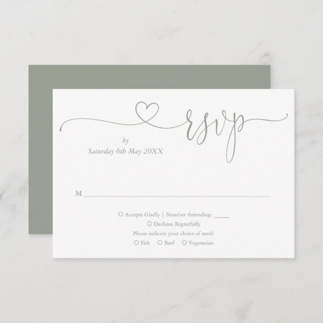 Sage Green Elegant Heart Script RSVP Card (Front/Back)