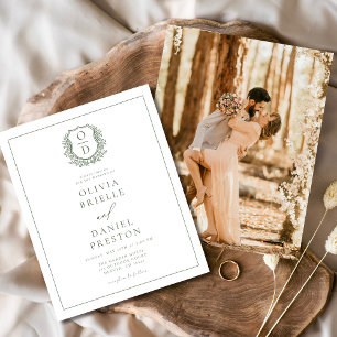 Sage Green Elegant Leafy Crest Monogram Wedding Flyer