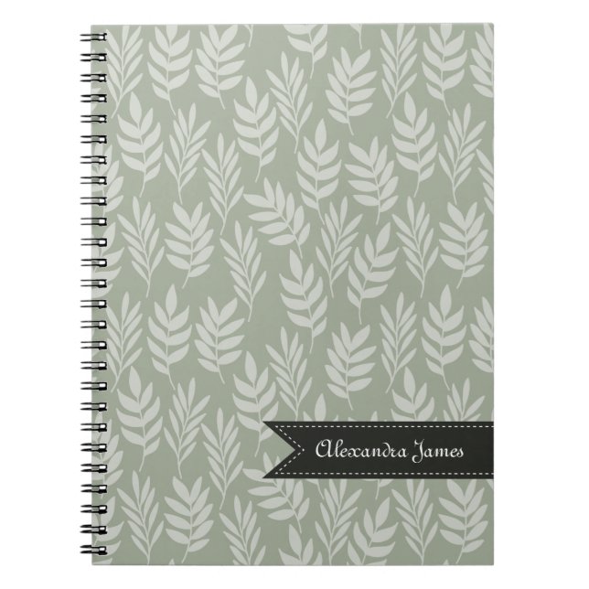 Sage Green Elegant Leaves Pattern With Name Notebook (Front)