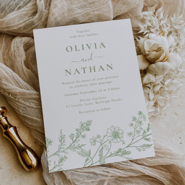 Sage Green Elegant Line Art Wedding Invitation (Creator Uploaded)
