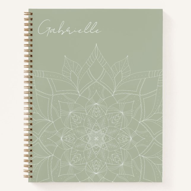 Sage Green Elegant Mandala Personalised Name Yoga Notebook (Front)