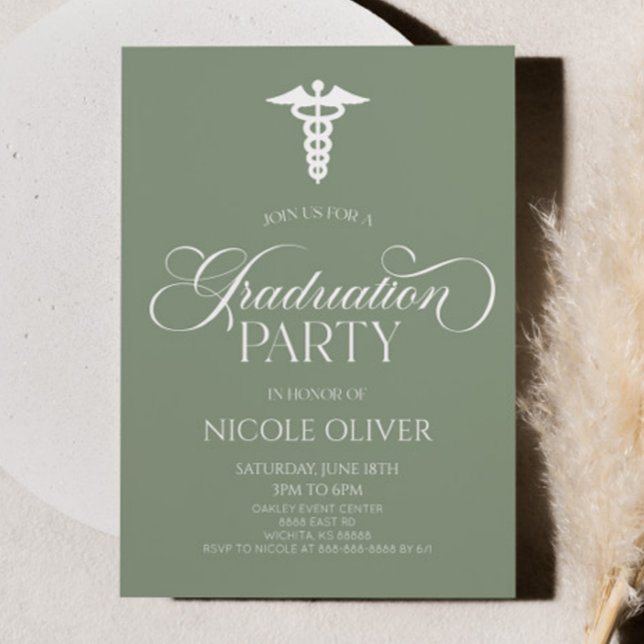 Sage Green Elegant Medical Caduceus Graduation Invitation (Creator Uploaded)
