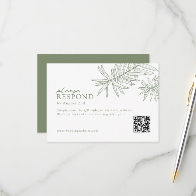 Sage Green Elegant Minimalist Botanical QR Code  RSVP Card (Front/Back In Situ)