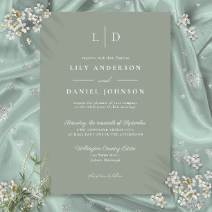 Sage Green Elegant Minimalist Monogram Wedding Invitation