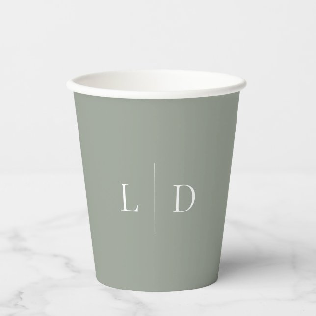 Sage Green Elegant Minimalist Monogram Wedding Paper Cups (Front)