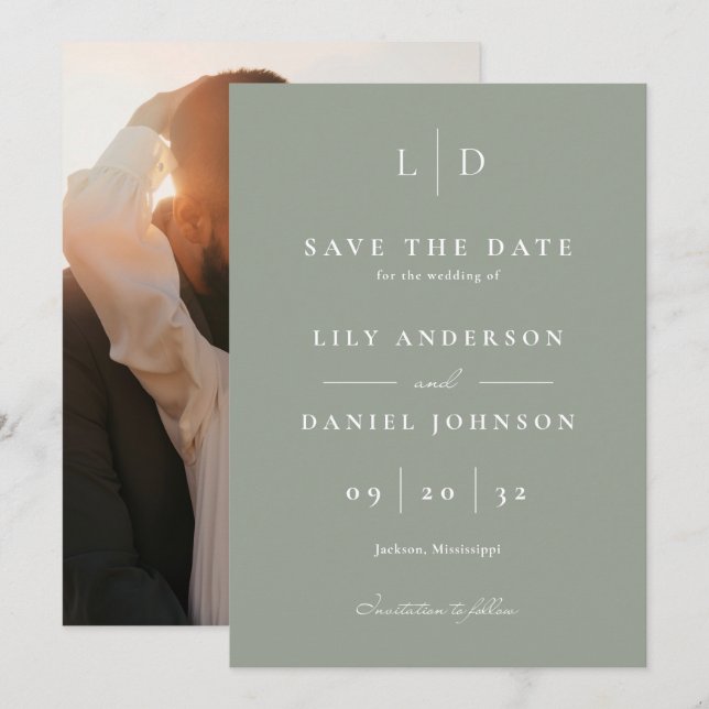 Sage Green Elegant Minimalist Monogram Wedding Save The Date (Front/Back)