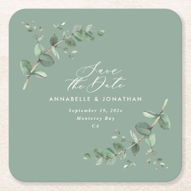 Sage green elegant modern eucalyptus save the date square paper coaster (Front)