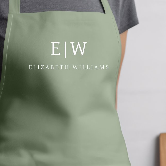 Sage Green Elegant Modern Minimalist Monogram Name Apron (Creator Uploaded)