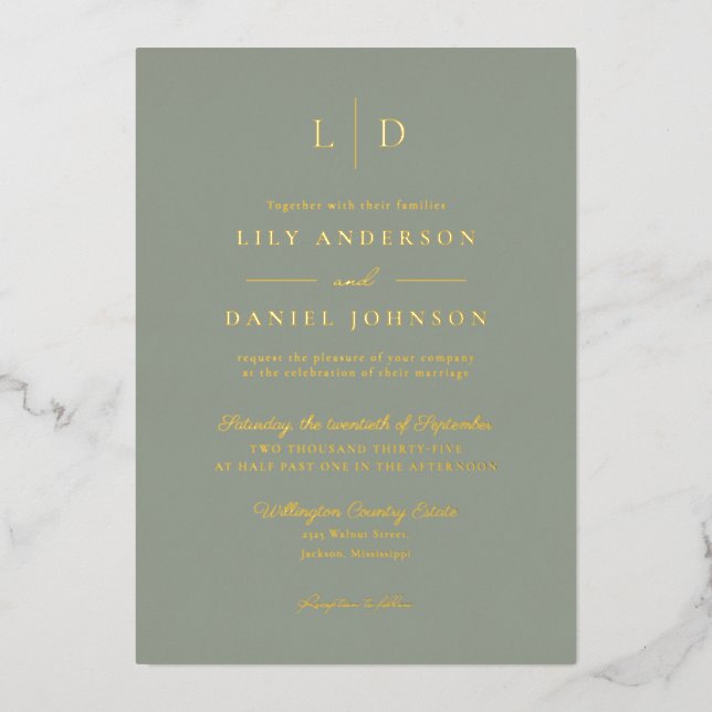 Sage Green Elegant Modern Monogram Wedding Gold (Front)