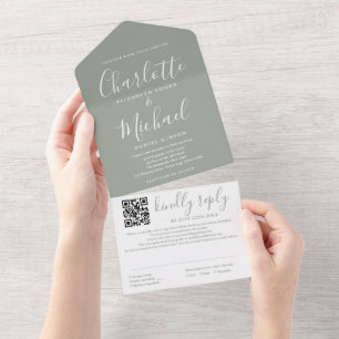 Sage Green Elegant Modern Script QR Code Wedding All In One Invitation