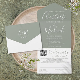 Sage Green Elegant Modern Script QR Code Wedding All In One Invitation