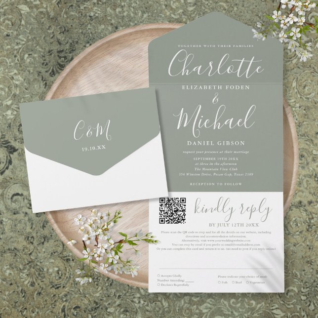 Sage Green Elegant Modern Script QR Code Wedding All In One Invitation (Sage Green Elegant Modern Script QR Code Wedding All In One Invitation)