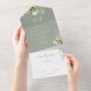 Sage Green Elegant Monogram Greenery Wedding All In One Invitation